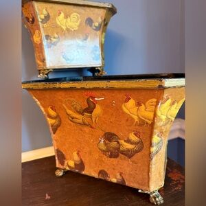 Set of 2 Metal Footed Decorative Bins Baskets Cans Chippy Paint French Country